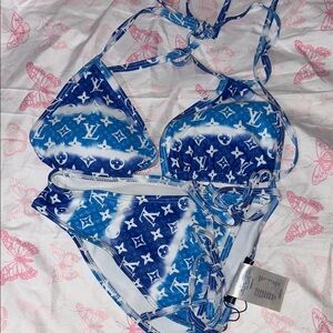 Blue and White Monogram Tie-String Bikini